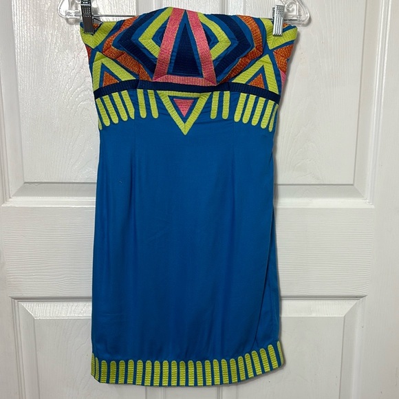 Mara Hoffman mini strapless dress geometric embroidered neon 80s size 2 lined - Picture 2 of 11